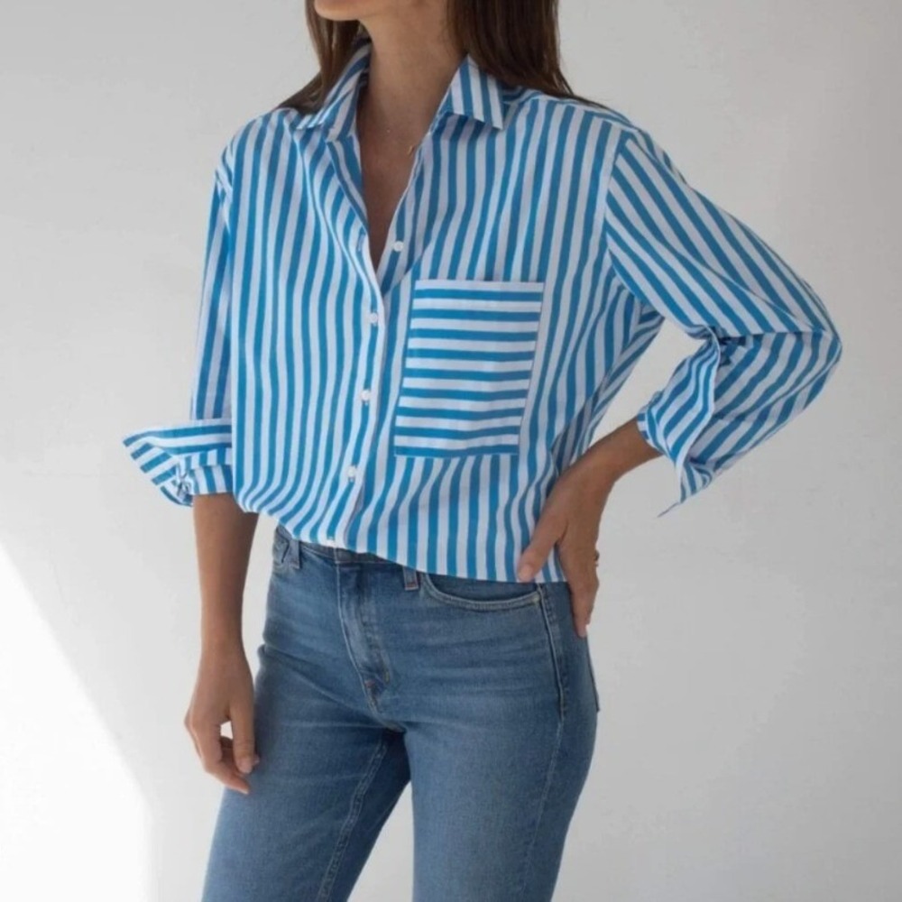 AYR The Deep End Button Down Shirt Blue White Striped Size Medium Oversized